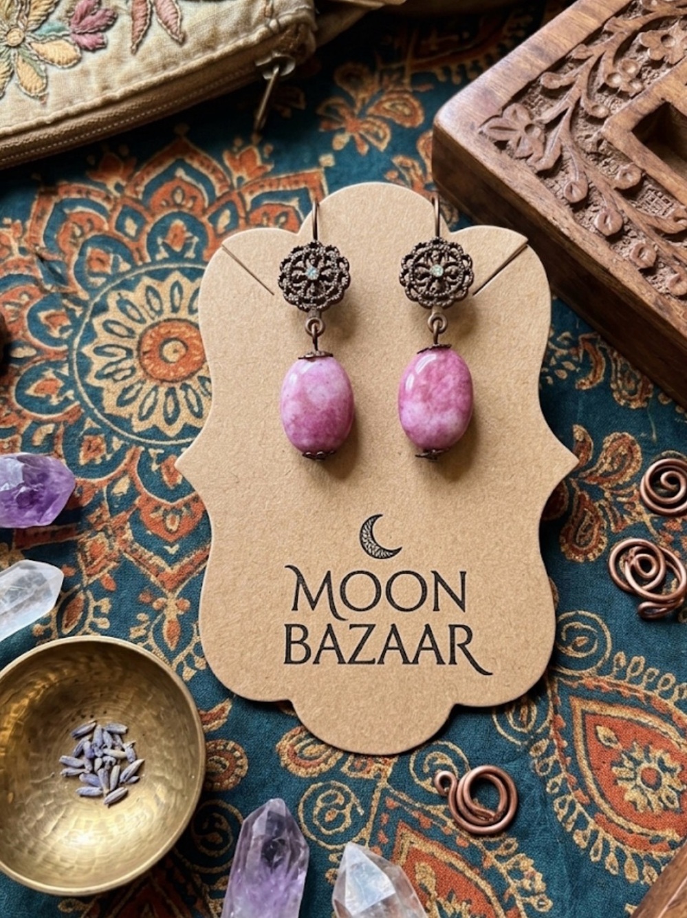 Rhodolite Drop Earrings - Boho Vintage Style